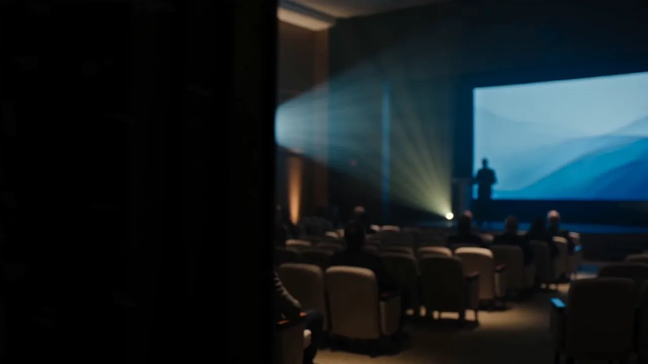 Salle de conférence plongée dans la pénombre pendant une présentation