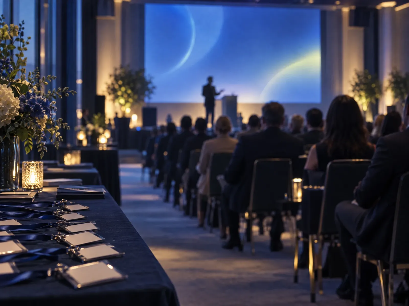 Salle de conférence pendant une soirée scientifique, badges d’accueil au premier plan