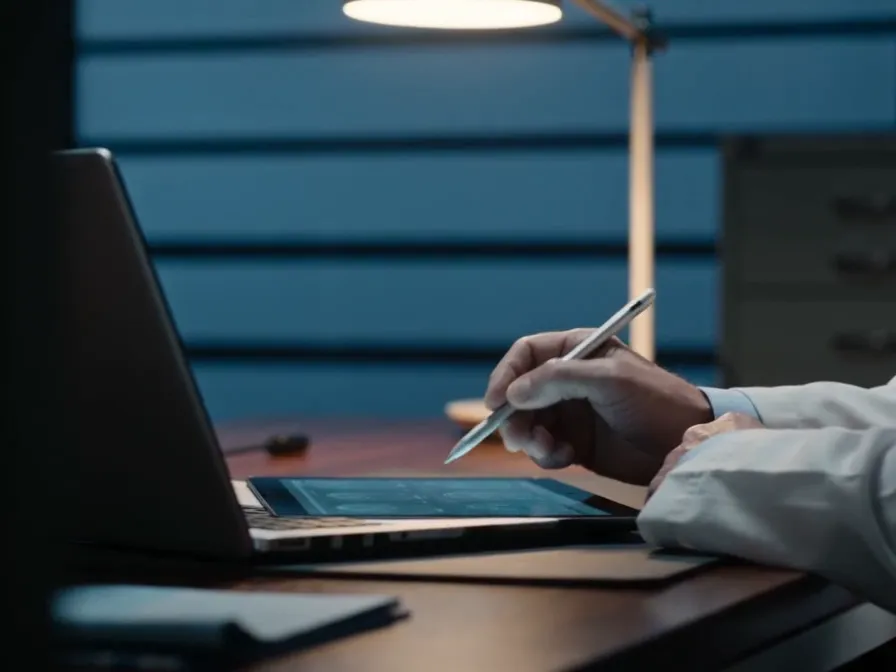 Médecin travaillant avec un stylet sur une tablette dans son cabinet